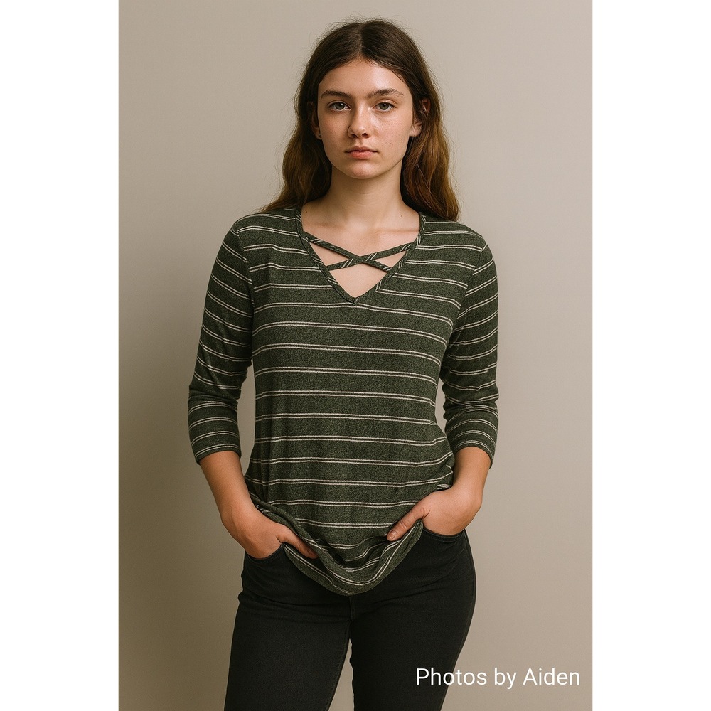 Emery Park Knit Tee Size M Olive Green White Strip 3/4 Sleeve Criss Cross V Neck